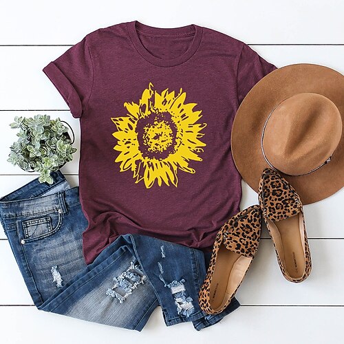 Women's Casual Weekend Floral Painting T shirt Tee Sunflower Short Sleeve Print Round Neck Basic Tops White Black Purple S
Women's Casual Weekend Floral Painting T shirt Tee Sunflower Short Sleeve Print Round Neck Basic Tops White Black Purple S