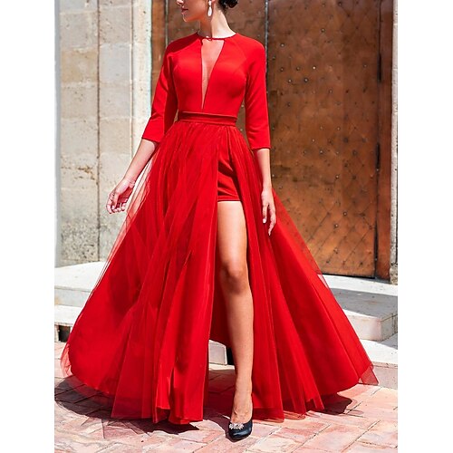 A-Line Prom Dresses Minimalist Dress Engagement Floor Length 3/4 Length Sleeve Jewel Neck Tulle Backless with Slit Pure Color 2022
A-Line Prom Dresses Minimalist Dress Engagement Floor Length 3/4 Length Sleeve Jewel Neck Tulle Backless with Slit Pure Color 2022