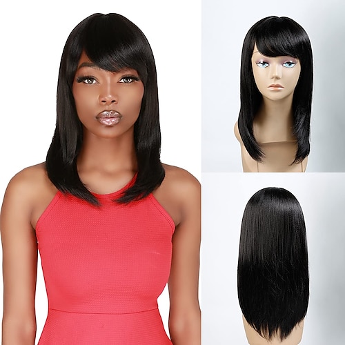 

Straight Hair Wig 18 Inch Long Layered Hair Bob Wig with Bangs for Black Women Yaki Textured Shoulder Length Heat Resistant Synthetic Wigs - Sexy06