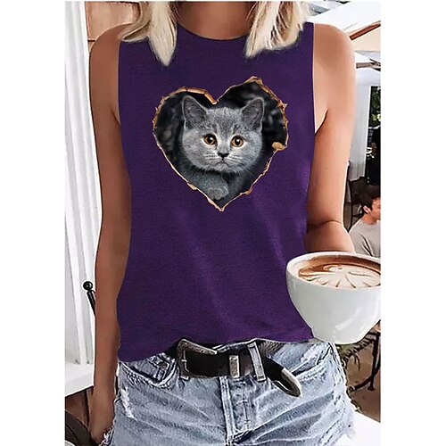 Women's Daily Holiday Going out 3D Cat Tank Top Cat Graphic Heart Sleeveless Print Round Neck Basic Tops Blue Purple Pink S
Women's Daily Holiday Going out 3D Cat Tank Top Cat Graphic Heart Sleeveless Print Round Neck Basic Tops Blue Purple Pink S