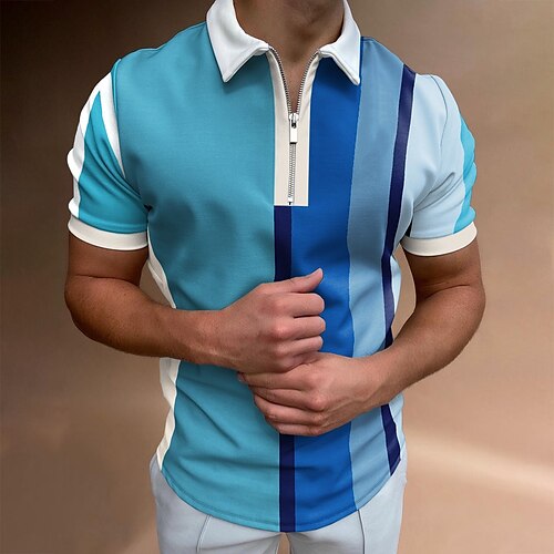 

Men's Collar Polo Shirt Golf Shirt Quarter Zip Polo Striped Geometry Turndown Brown Light Blue 3D Print Going out golf shirts Short Sleeve Patchwork Zipper Clothing Apparel Sports Designer Punk