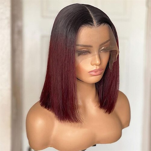 

4x4x1 Short Bob Lace Front Wig 1B 99J Straight Burgundy Human Hair Wig Brazilian Remy Ombre Wine Red For Women Pre Plucked 150% 180% Density