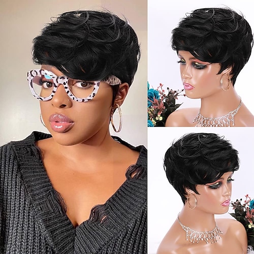 

Short Pixie Cut Bob Wig for Black Women Short Black Wig With Bangs Hair Short Wavy Layered Synthetic Heat Resistant Fiber Wigs for Daily Use