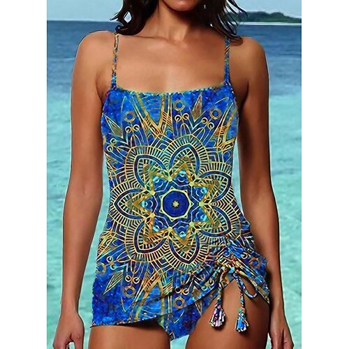 

Women's Swimwear Tankini 2 Piece Normal Swimsuit Open Back Printing Flower Blue Camisole Strap Bathing Suits New Vacation Fashion / Modern / Padded Bras
