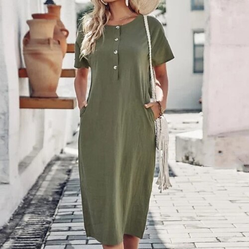 Women's Shift Dress Army Green Short Sleeve Pure Color Button Spring Summer Crew Neck Weekend Loose Fit 2022 S M L XL XXL
Women's Shift Dress Army Green Short Sleeve Pure Color Button Spring Summer Crew Neck Weekend Loose Fit 2022 S M L XL XXL