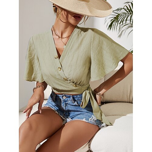 Women's Daily Weekend Crop Top Blouse Shirt Plain Short Sleeve Button V Neck Casual Streetwear Tops Khaki S 
Women's Daily Weekend Crop Top Blouse Shirt Plain Short Sleeve Button V Neck Casual Streetwear Tops Khaki S