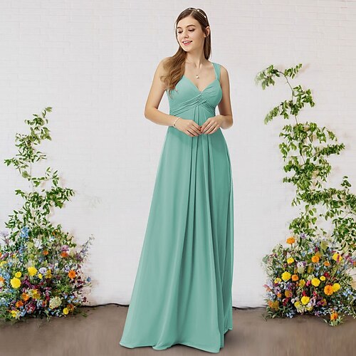 A-Line Bridesmaid Dress V Neck Sleeveless Elegant Floor Length Chiffon with Pleats 2022
A-Line Bridesmaid Dress V Neck Sleeveless Elegant Floor Length Chiffon with Pleats 2022