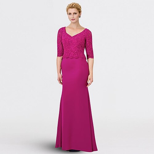 Havfrue Kjole til brudens mor Elegant V-hals Gulvlengde Chiffon Blonder Halvlange ermer med Appliqué 2023
Havfrue Kjole til brudens mor Elegant V-hals Gulvlengde Chiffon Blonder Halvlange ermer med Appliqué 2023