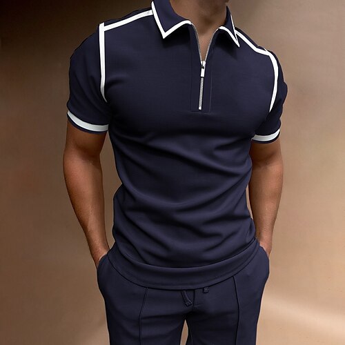 

Men's Collar Polo Shirt Golf Shirt Quarter Zip Polo Striped Turndown Navy Blue Going out golf shirts Short Sleeve Patchwork Zipper Clothing Apparel Sports Designer Punk & Gothic / Slim