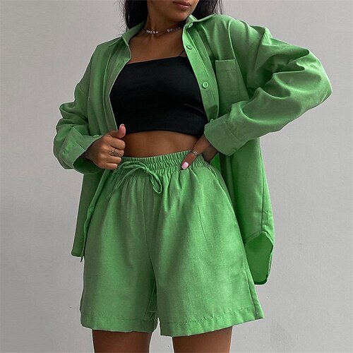 Women's Loungewear Sets Nighty Pure Color Comfort Home Going out Cotton Lapel Long Sleeve Shorts Pocket Button Fall Spring Green Purple / Buckle
Women's Loungewear Sets Nighty Pure Color Comfort Home Going out Cotton Lapel Long Sleeve Shorts Pocket Button Fall Spring Green Purple / Buckle