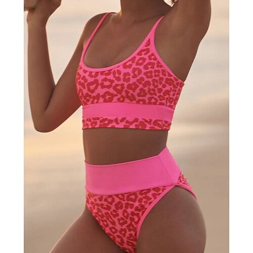 

Women's Swimwear Bikini 2 Piece Normal Swimsuit Open Back Printing High Waisted Leopard White Rosy Pink Brown Camisole Scoop Neck Bathing Suits Sexy Vacation Fashion / Modern / New / Padded Bras