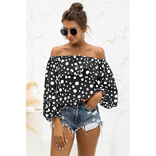 Women's Blouse Shirt Yellow Black Polka Dot Ruffle Off Shoulder Long Sleeve Daily Weekend Streetwear Casual Off Shoulder Regular Lantern Sleeve S / 3D Print / Print
Women's Blouse Shirt Yellow Black Polka Dot Ruffle Off Shoulder Long Sleeve Daily Weekend Streetwear Casual Off Shoulder Regular Lantern Sleeve S / 3D Print / Print