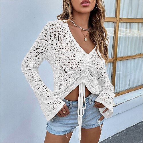 

Women's Pullover Sweater jumper Jumper Crochet Knit Cropped Knitted Pure Color V Neck Stylish Casual Holiday Going out Flare Cuff Sleeve Spring Summer Green Yellow S M L / Long Sleeve / Regular Fit