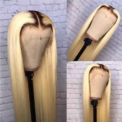 

Ombre Lace Front Wig Blonde Human Hair Dark Roots Silky Straight 16inches 150% Density Brazilian Virgin Hair 13x4 Upgrade Deep Part #1b/613 Blonde Glueless Ombre Human Hair Wigs for Women