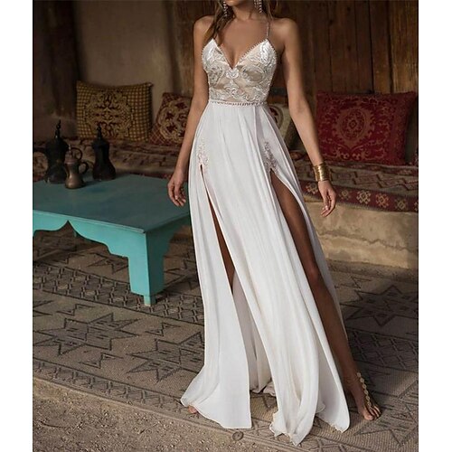 A-Line Wedding Dresses V Neck Floor Length Chiffon Spaghetti Strap Illusion Detail Backless with Appliques Split Front 2022
A-Line Wedding Dresses V Neck Floor Length Chiffon Spaghetti Strap Illusion Detail Backless with Appliques Split Front 2022