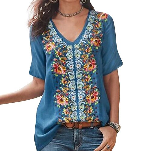 Women's T shirt Tee Blue Purple Khaki Floral Short Sleeve Casual Holiday Basic Boho Ethnic V Neck Regular S / 3D Print
Women's T shirt Tee Blue Purple Khaki Floral Short Sleeve Casual Holiday Basic Boho Ethnic V Neck Regular S / 3D Print