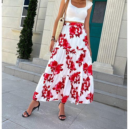 

Women's Skirt Swing Maxi Polyester Blue Purple Red Skirts Summer Ruffle Print Fashion Boho Hippie Gypsy Holiday Weekend S M L / Loose Fit