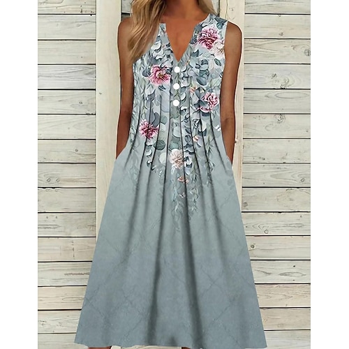 

Women's Casual Dress Midi Dress Gray Sleeveless Floral Ruched Spring Summer V Neck Elegant Weekend 2023 S M L XL XXL 3XL