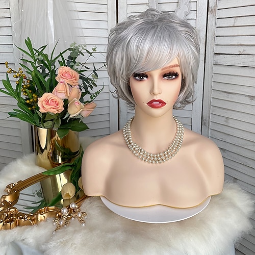 

Short Synthetic Layered Curly Wig For White Women Wig Ombre Grey Hair Puffy With Bangs Heat Temperature Glueless