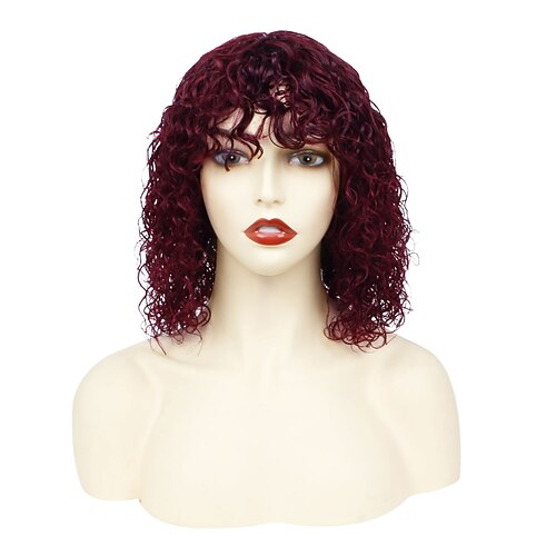 

Human Hair Wig Short Water Wave Neat Bang Burgundy Cosplay Easy to Carry Women Machine Made Brazilian Hair Women's Dark Wine 12 inch Party / Evening Daily Wear Vacation