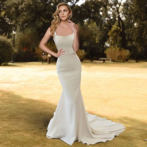 Sheath / Column Wedding Dresses Square Neck Spaghetti Strap Court Train Stretch Fabric Sleeveless Simple Sexy with Solid Color 2022
Sheath / Column Wedding Dresses Square Neck Spaghetti Strap Court Train Stretch Fabric Sleeveless Simple Sexy with Solid Color 2022