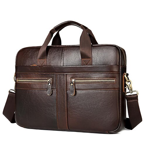 

Men's Laptop Bag Briefcase Top Handle Bag Nappa Leather Cowhide Zipper Daily Black Dark Coffee Coffee