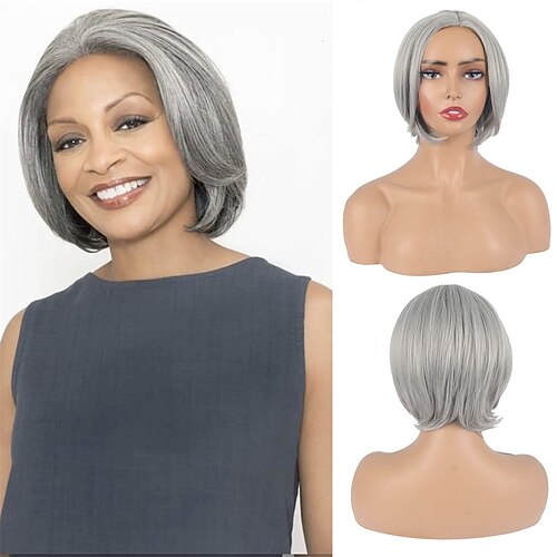 

Short Bob Wavy Wig with Curly Ends Ombre Grey Wavy Wigs for Women Layered Fluffy Shaggy Full Synthetic Silver Gray Curly Natural Looking Hair Ombre Gray Wig for White Women Full Curly Silver Wig
