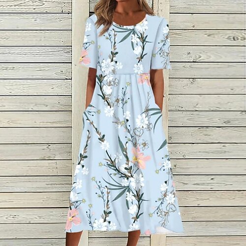 

Women's Casual Dress Floral Dress Midi Dress Light Blue Short Sleeve Floral Ruched Spring Summer Crew Neck Basic Daily Vacation Weekend Loose Fit 2023 S M L XL XXL 3XL
