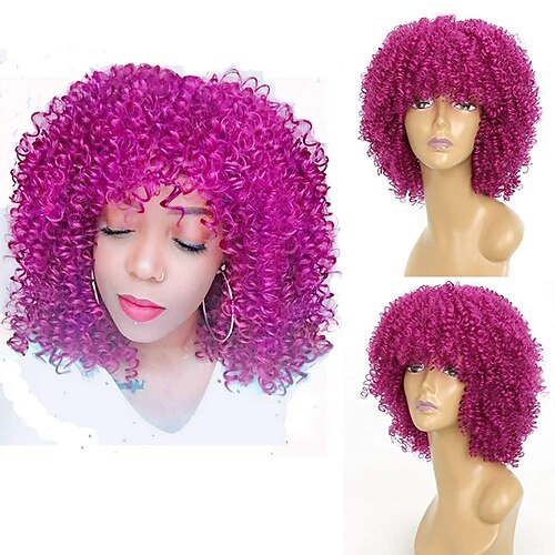 

Synthetic Safe Heat Resistant Fiber Fashion Style Kinky Curly Rose Red Wig Afro Short Bob Wave Wig with Bangs Natural Color Hair Wig For Black Women Full Sewing Machine Made