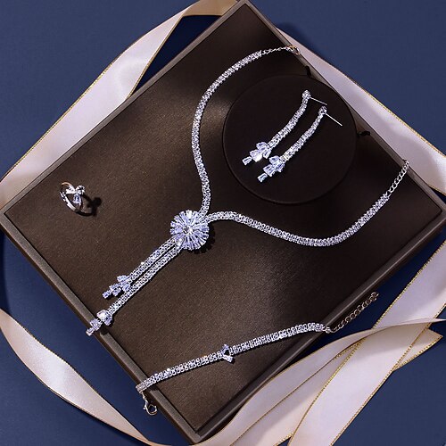 

Bridal Jewelry Sets Four-piece Suit White Zircon Rhinestone 1 Bracelet 1 Ring Earrings Necklace Women's Luxury Transparent Flower Shape Y Shaped Jewelry Set For Party Wedding Engagement