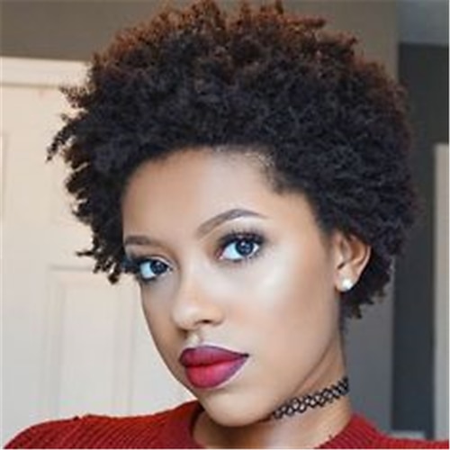 

Human Hair Wig Short Afro Curly Pixie Cut Natural Black Adjustable Natural Hairline For Black Women Machine Made Capless Brazilian Hair Women's Natural Black #1B 4 inch Daily Wear Party & Evening
