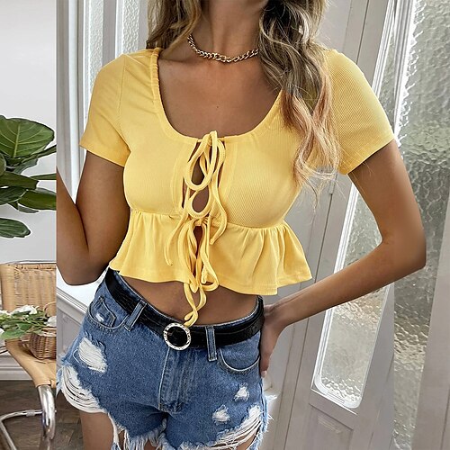 Women's Daily Weekend Crop Top Blouse Shirt Plain Short Sleeve Lace up Ruffle U Neck Casual Streetwear Tops Yellow S
Women's Daily Weekend Crop Top Blouse Shirt Plain Short Sleeve Lace up Ruffle U Neck Casual Streetwear Tops Yellow S