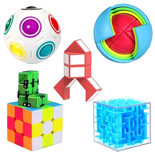 

6 Pack Brain Teaser Puzzles Toy Set Brain Teaser Toys Bundle of 3x3x3 Speed Cube 3D Maze Magic Box Rainbow Ball Wisdom Ball Magic Snake Cube Infinity Cube 3D Puzzle Toys for All Age