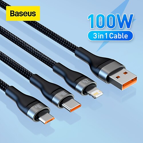 

Baseus Flash Series One-for-three Fast Charging Data Cable USB to MLC 100W 1.2m Black