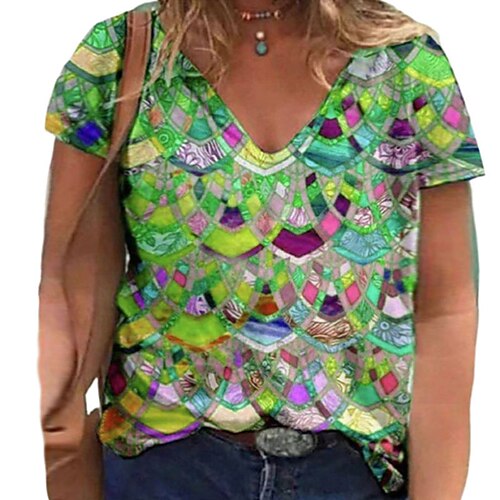 Mulheres Camiseta Vermelho Verde Escuro Roxo Geometria Imprimir Manga Curta Diário Férias Roupa de rua Decote V Padrão Tamanho Grande L
Mulheres Camiseta Vermelho Verde Escuro Roxo Geometria Imprimir Manga Curta Diário Férias Roupa de rua Decote V Padrão Tamanho Grande L