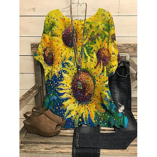 Women's Shirt Yellow Light Green Pink Floral Print Short Sleeve Holiday Weekend Streetwear Casual Round Neck Regular Floral S
Women's Shirt Yellow Light Green Pink Floral Print Short Sleeve Holiday Weekend Streetwear Casual Round Neck Regular Floral S