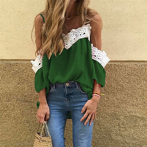 Women's Casual Weekend T shirt Tee Color Block Short Sleeve Cut Out Lace Trims V Neck Basic Tops Green Black Dusty Rose S
Women's Casual Weekend T shirt Tee Color Block Short Sleeve Cut Out Lace Trims V Neck Basic Tops Green Black Dusty Rose S