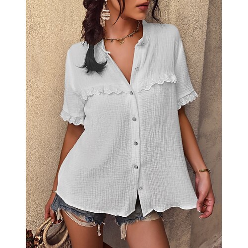 Women's Daily Weekend Blouse Shirt Plain Short Sleeve Lace Trims Button Standing Collar Casual Streetwear Tops White Black Blue S
Women's Daily Weekend Blouse Shirt Plain Short Sleeve Lace Trims Button Standing Collar Casual Streetwear Tops White Black Blue S