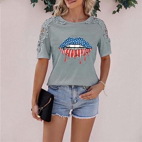 Women's T shirt Tee Lip American Flag Casual Weekend Independence Day Painting T shirt Tee Short Sleeve Cut Out Lace Print Round Neck Basic Essential Green White Black S
Women's T shirt Tee Lip American Flag Casual Weekend Independence Day Painting T shirt Tee Short Sleeve Cut Out Lace Print Round Neck Basic Essential Green White Black S