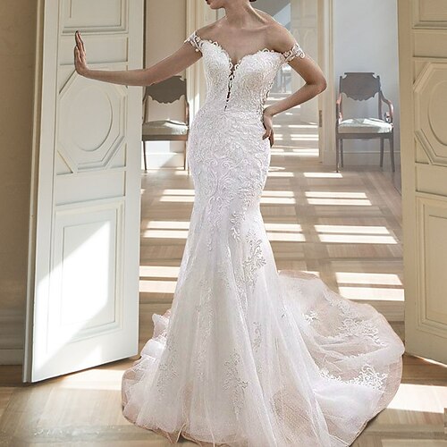 Mermaid / Trumpet Wedding Dresses Off Shoulder Court Train Lace Tulle Sleeveless Formal Romantic Luxurious Backless with Appliques 2022
Mermaid / Trumpet Wedding Dresses Off Shoulder Court Train Lace Tulle Sleeveless Formal Romantic Luxurious Backless with Appliques 2022