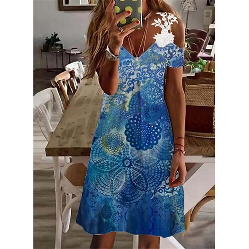 Women's A Line Dress Knee Length Dress Blue Short Sleeve Floral Lace Cold Shoulder Print Spring Summer V Neck Casual Vacation 2022 S M L XL XXL 3XL
Women's A Line Dress Knee Length Dress Blue Short Sleeve Floral Lace Cold Shoulder Print Spring Summer V Neck Casual Vacation 2022 S M L XL XXL 3XL