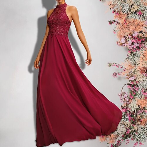 A-Line Bridesmaid Dress High Neck Sleeveless Sexy Floor Length Chiffon / Lace with Sequin / Appliques 2022
A-Line Bridesmaid Dress High Neck Sleeveless Sexy Floor Length Chiffon / Lace with Sequin / Appliques 2022