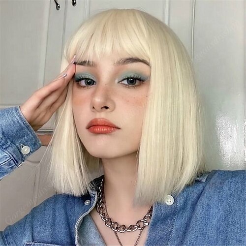 

Human Hair Wig Medium Length Silky Straight With Bangs Blonde Adjustable Natural Hairline For Black Women Machine Made Capless Brazilian Hair All Bleach Blonde#613 14 inch Daily Wear Party & Evening