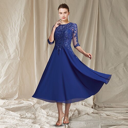 A-Line Mother of the Bride Dress Elegant Jewel Neck Tea Length Chiffon Lace Half Sleeve with Sequin Appliques 2022
A-Line Mother of the Bride Dress Elegant Jewel Neck Tea Length Chiffon Lace Half Sleeve with Sequin Appliques 2022
