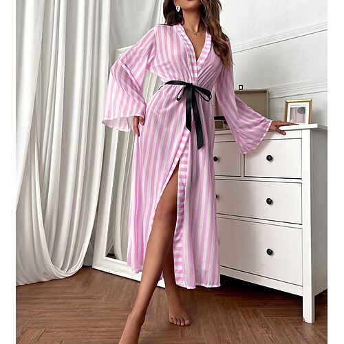 

Women's Pajamas Robes Gown Bathrobes Nighty Stripe Ultra Slim Comfort Soft Home Daily Valentine's Day Spandex Plunging Neck Long Sleeve Adjustable Belt Included Spring Summer Pink