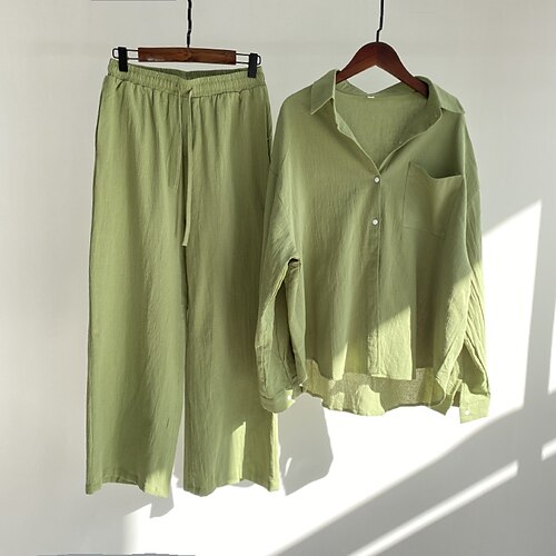 Women's Loungewear Sets Nighty 2 Pieces Pure Color Comfort Home Daily Linen Lapel Long Sleeve Shirt Pant Button Pocket Spring Summer Green Blue
Women's Loungewear Sets Nighty 2 Pieces Pure Color Comfort Home Daily Linen Lapel Long Sleeve Shirt Pant Button Pocket Spring Summer Green Blue