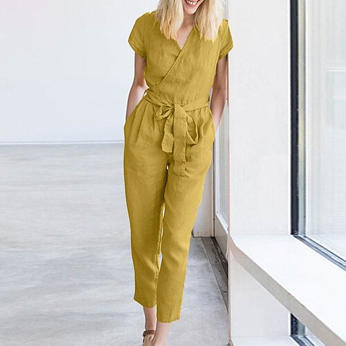 Women's Jumpsuit Lace up Pocket Solid Color V Neck Casual Street Daily Regular Fit Short Sleeve Green Black Yellow S M L Spring
Women's Jumpsuit Lace up Pocket Solid Color V Neck Casual Street Daily Regular Fit Short Sleeve Green Black Yellow S M L Spring