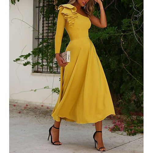 

A-Line Cocktail Dresses Open Back Dress Party Wear Wedding Guest Tea Length Long Sleeve One Shoulder Stretch Fabric with Ruffles 2023