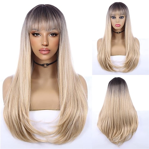 

Straight Blonde Wigs for Women Synthetic Ombre Hair Long Layered Wig with Bangs Dark Roots Mixed Blonde Long Hair Middle Part Heat Resistant Fiber for Daily or Party 24 Inch