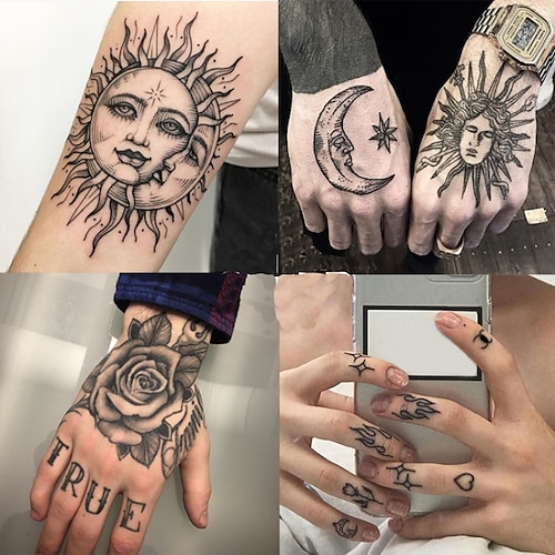 

25 pcs Oottati Waterproof 9 Sheets Back of Hand Fake Temporary Tattoo Stickers - Black Halloween Skull Horror Eye Devil Sun Moon Totem